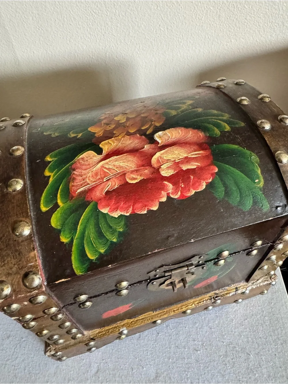 Vintage Floral Painted Wood Trinket Chest Box